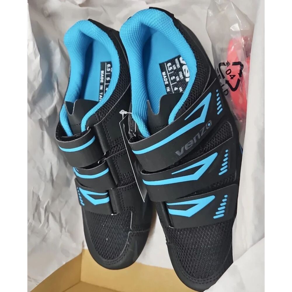 Venzo Cycling Shoes Women's 6.5 Men 5 Black Blue Trim Lace Up Reflective NEW
